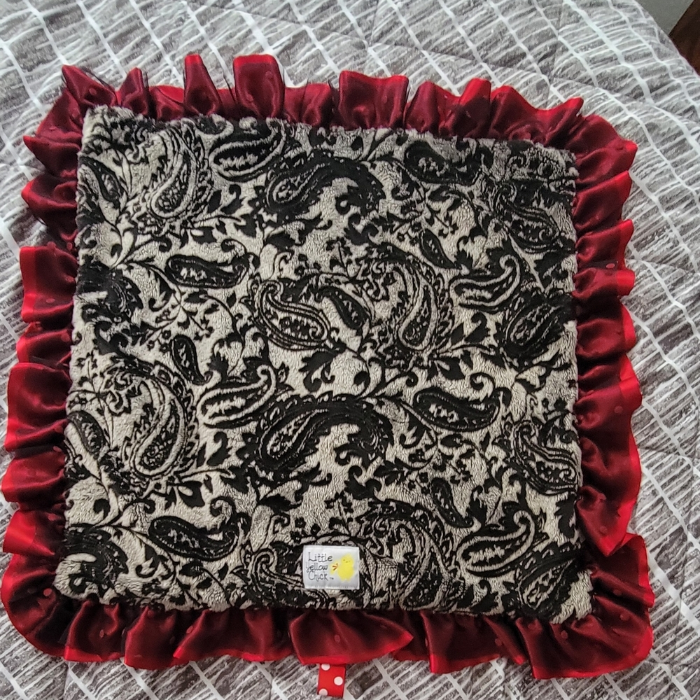 Little Yellow Chick Baby Lap Blanket Black And Red Paisley Satin Ruffle 24 X 24"
